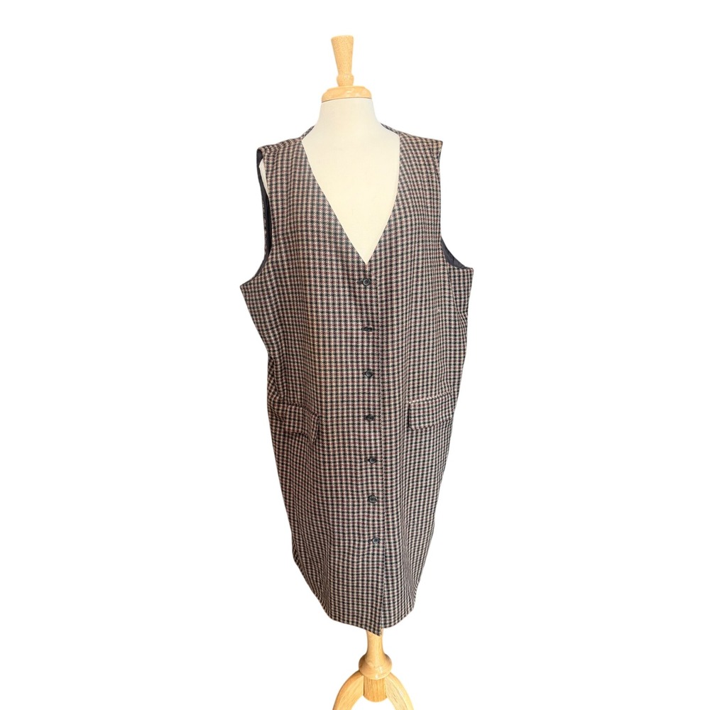 Worthington Vintage Wool Blend Plaid Long Duster Vest Dress 24W Plus Houndstooth
